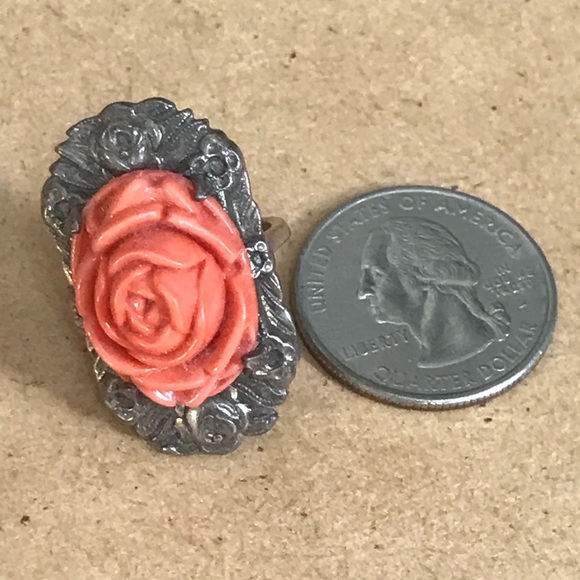 Coral Rose Silver Art Deco Style Ring size 4.25 - Picture 5 of 16